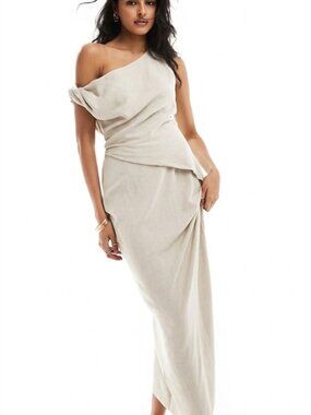 ASOS Design Off-Shoulder Linen Midi Dress Twisted Pleat Waist - Size 16 (Stone)